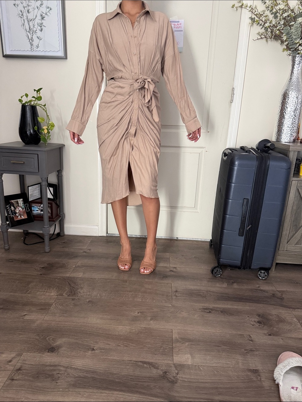 Tie-Front Midi Shirt Dress in Beige